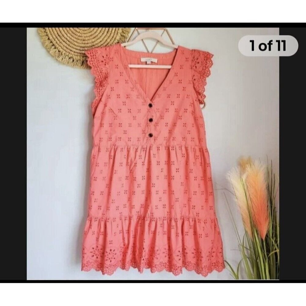 LOFT Coral Embroidered Eyelet Flutter Sleeve Tiered Ruffle Shift Dress Size‎ 12